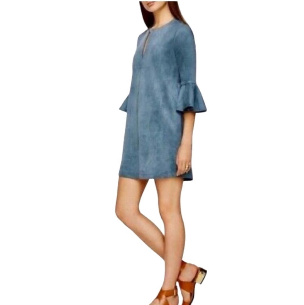 BCBGMAXARIA Catier Faux Suede Dusty Blue Mini Dress With Bell Sleeves XS Boho - Picture 3 of 13